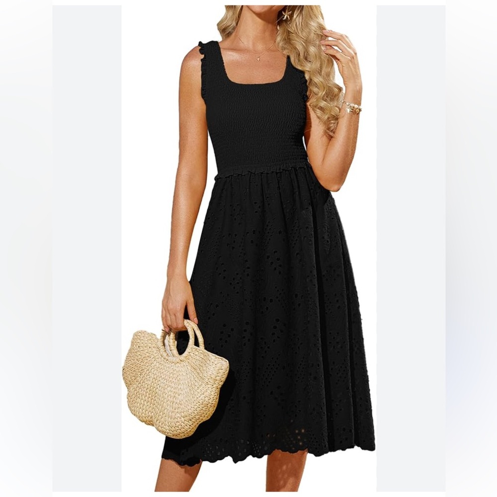 NWT Grace Karin Sleeveless Black Eyelet Lace Midi Dress size L smocked top